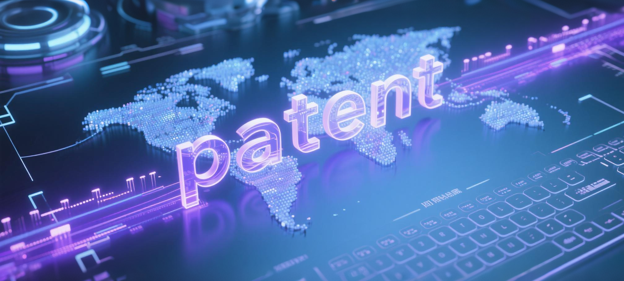jimeng-2025-05-09-503-动态粒子组成的世界地图连接立体文字_patent_，紫色光束穿透棱镜形成多重数据通道，全息键盘悬浮审查进度时间轴，背景带光晕特效.png