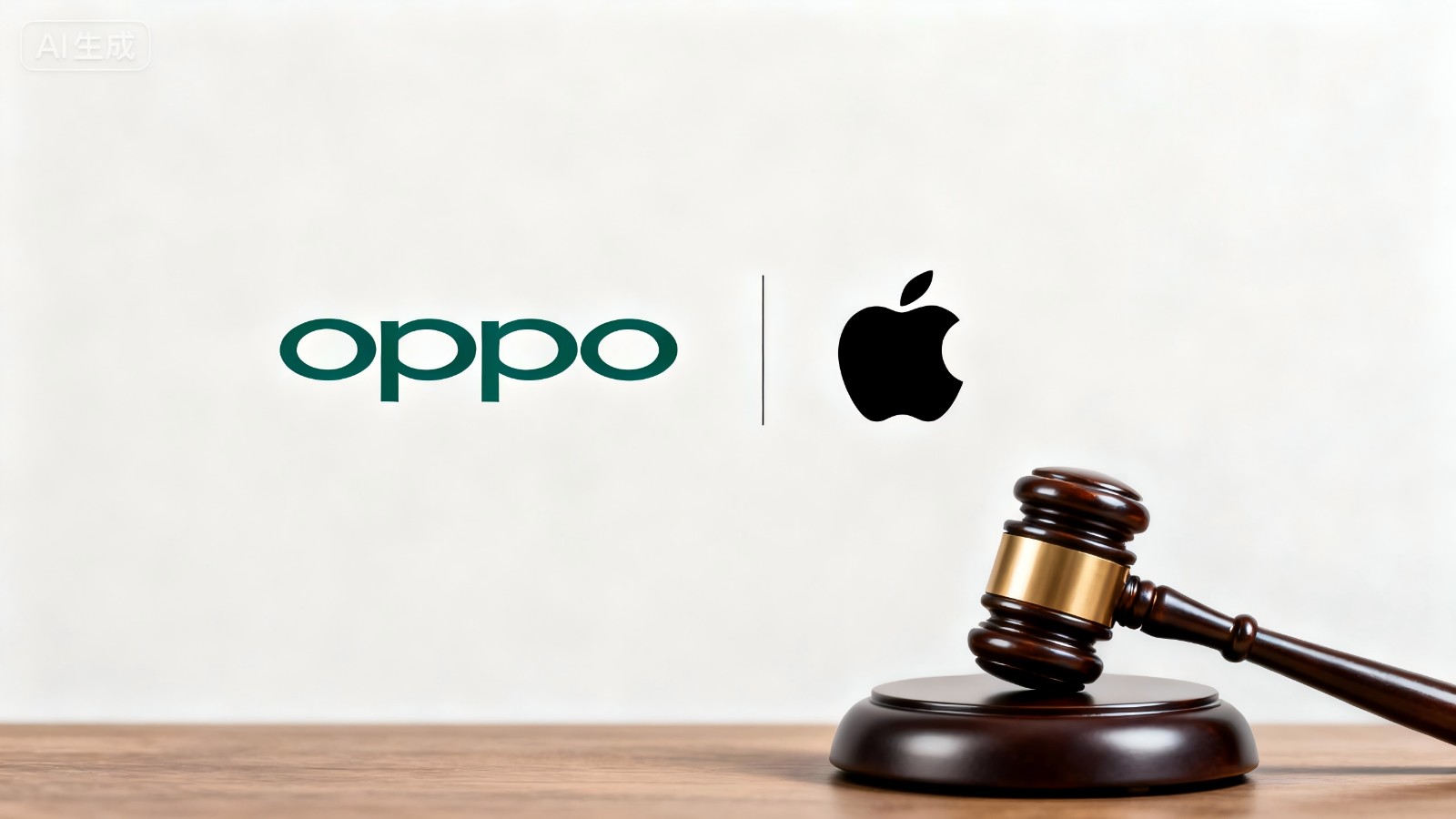 1761723746328551.jpg jimeng-2025-10-29-3264-画面居中位置展示Oppo与苹果的实体logo图,右下角法槌.jpg