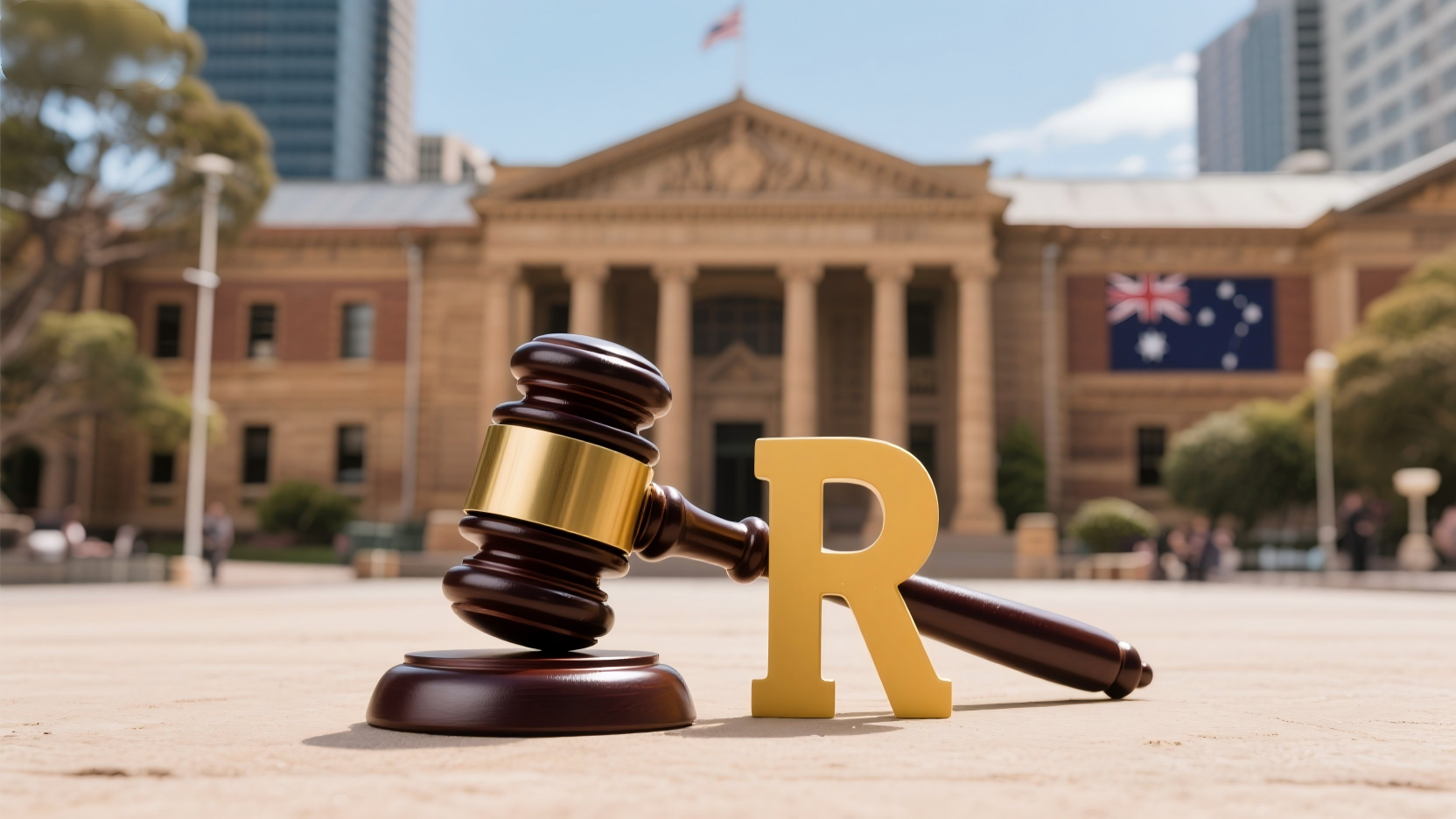 1767766439513962.png jimeng-2026-01-05-5114-澳大利亚建筑元素作为背景,加入法槌、R的元素,两者居于图片中间,并列摆放.png
