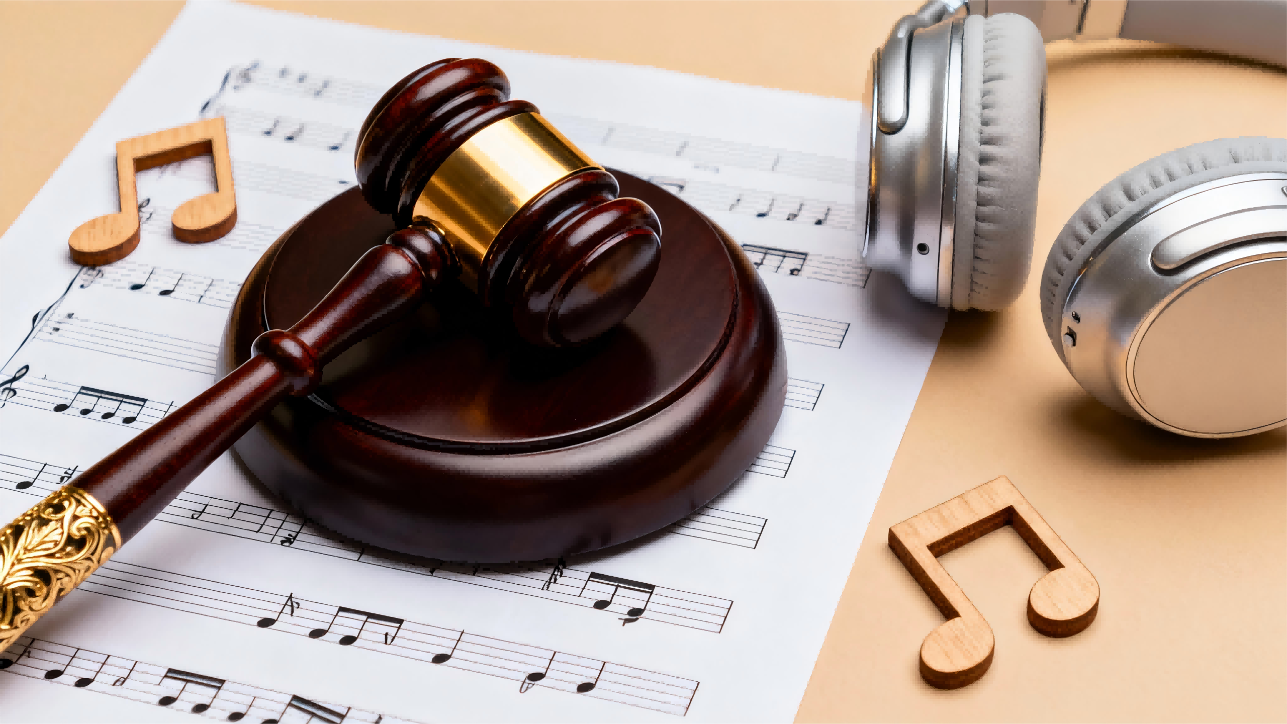 1767767760524611.png jimeng-2025-12-17-5970-一张音乐版权法律相关的场景图:深棕色带金色装饰的法槌,放置在印有五线谱的纸张上;....png